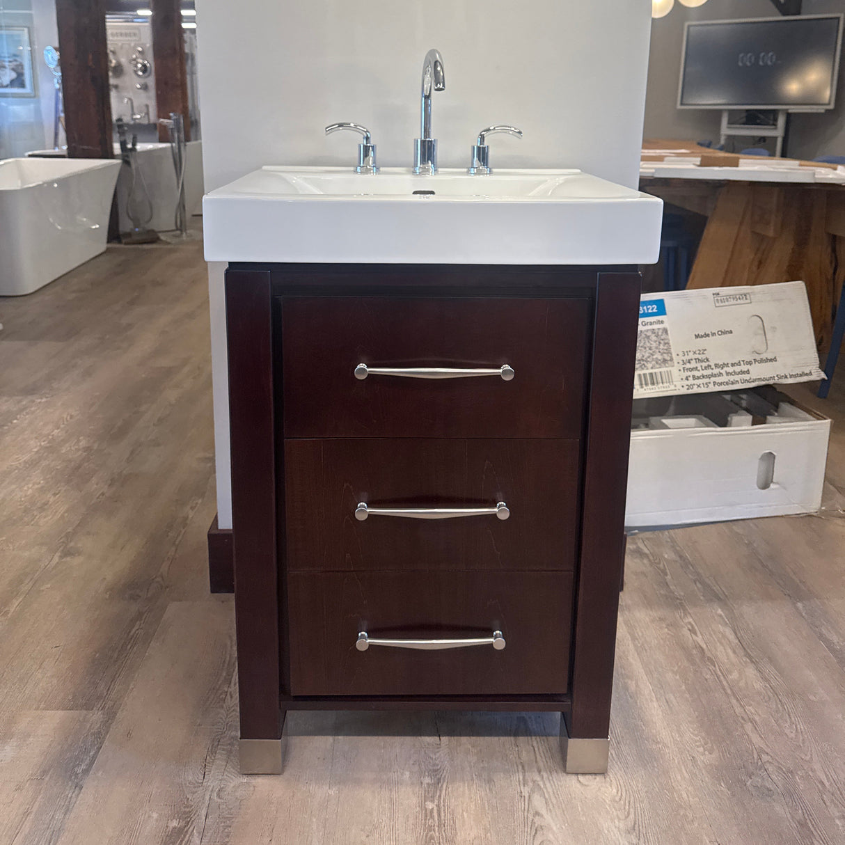 24" Espresso Vanity Set with Ceramic Sink, and Widespred Caesar 8 Inch Bathroom Faucet