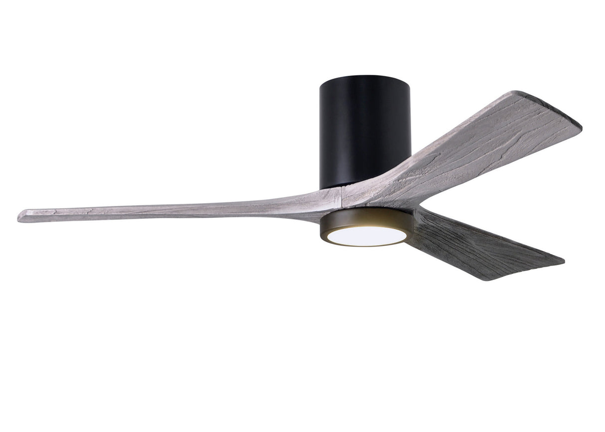 Matthews Fan IR3HLK-BK-BW-52 Irene-3HLK three-blade flush mount paddle fan in Matte Black finish with 52” solid barn wood tone blades and integrated LED light kit.