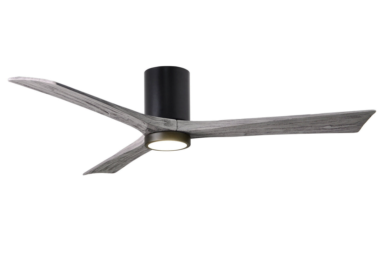 Matthews Fan IR3HLK-BK-BW-60 Irene-3HLK three-blade flush mount paddle fan in Matte Black finish with 60” solid barn wood tone blades and integrated LED light kit.