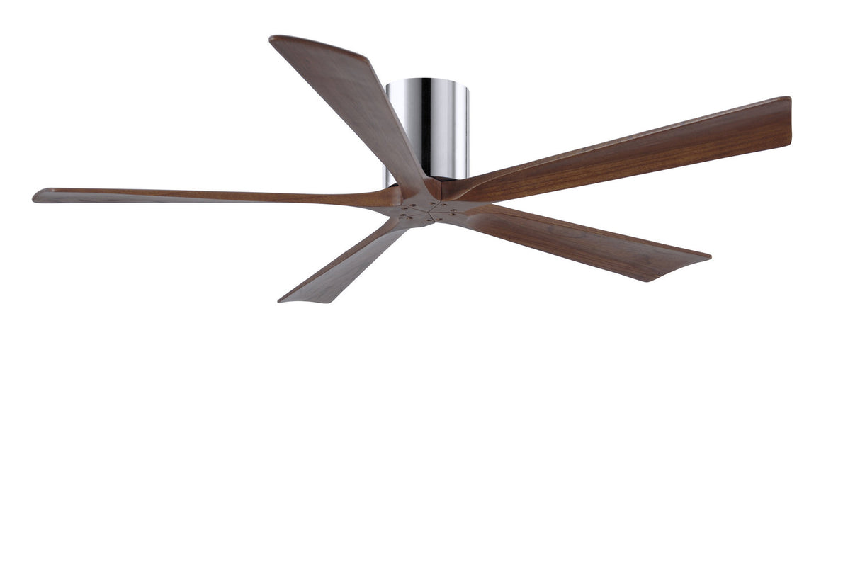 Matthews Fan IR5H-CR-WA-60 Irene-5H five-blade flush mount paddle fan in Polished Chrome finish with 60” solid walnut tone blades. 