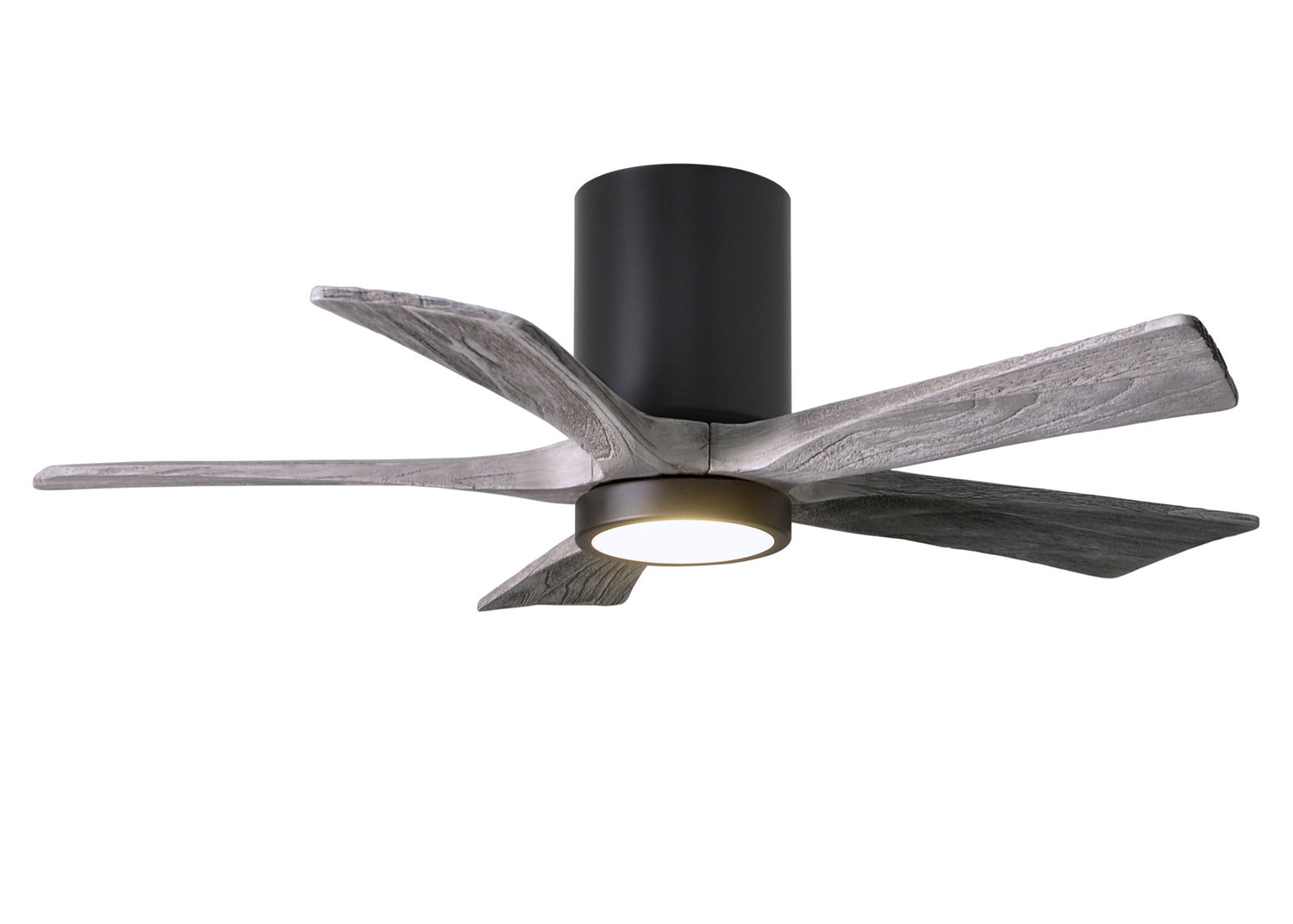 Matthews Fan IR5HLK-BK-BW-42 IR5HLK five-blade flush mount paddle fan in Matte Black finish with 42” solid barn wood tone blades and integrated LED light kit.