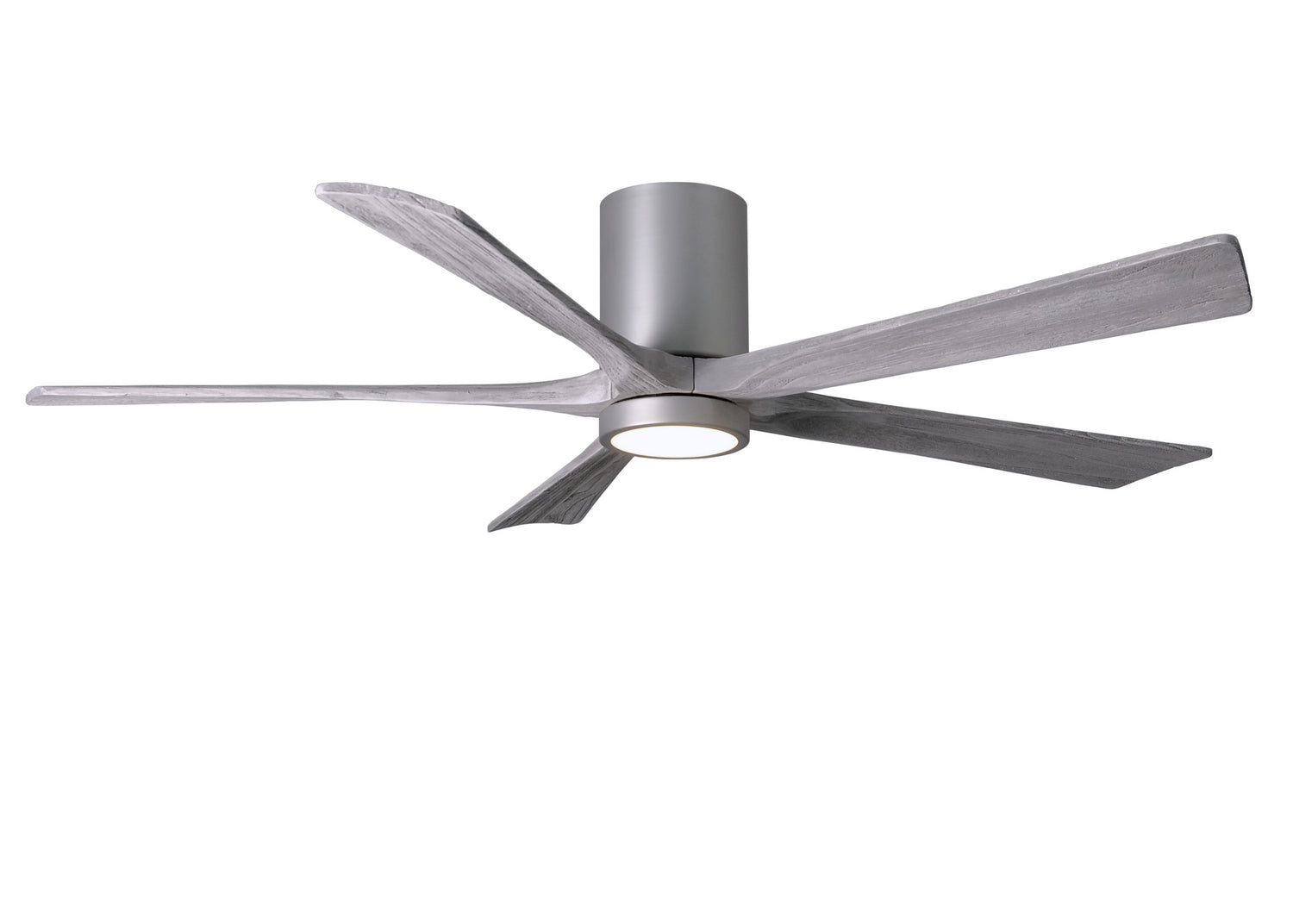 Matthews Fan IR5HLK-BN-BW-60 IR5HLK five-blade flush mount paddle fan in Brushed Nickel finish with 60” solid barn wood tone blades and integrated LED light kit.