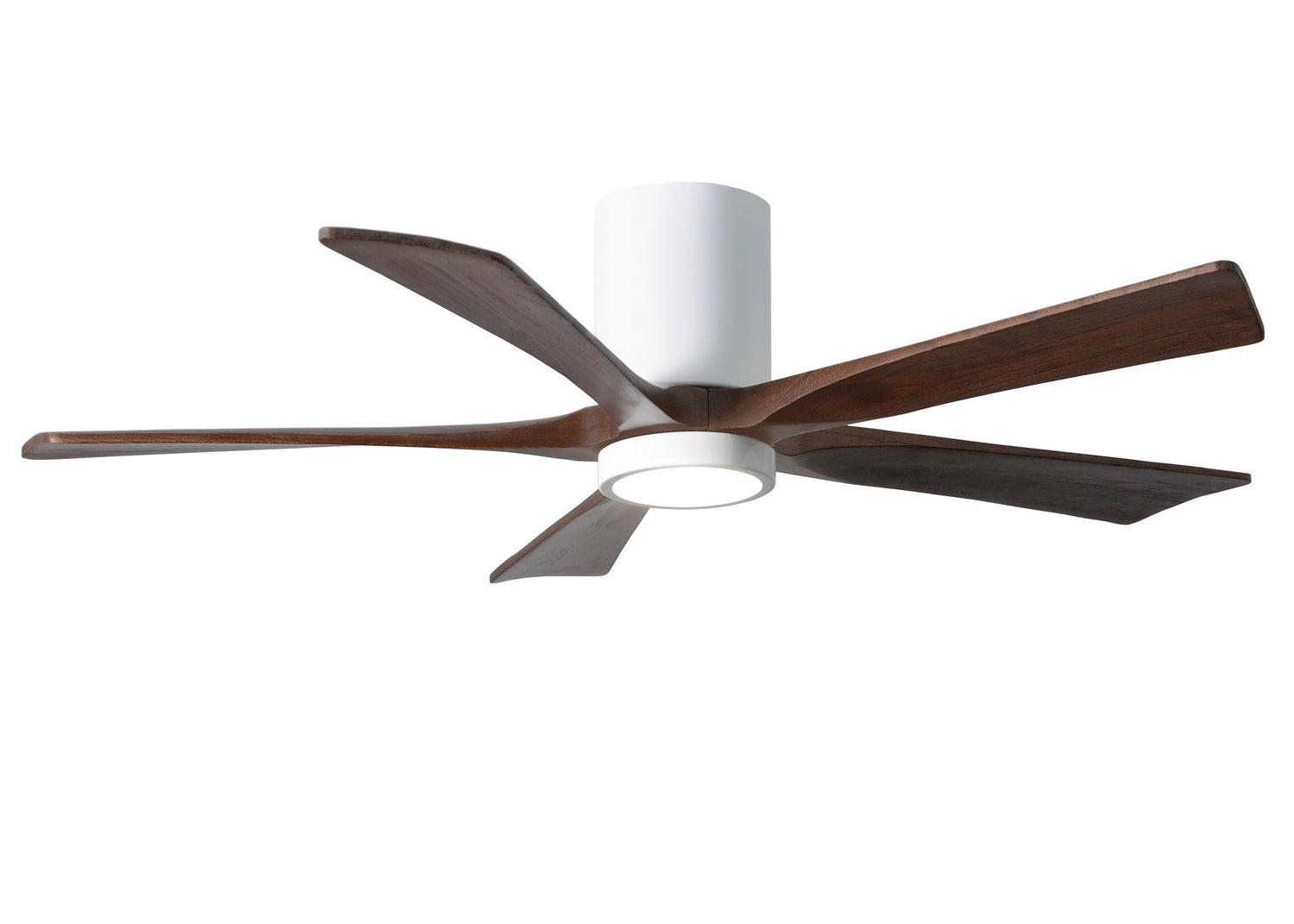 Matthews Fan IR5HLK-WH-WA-52 IR5HLK five-blade flush mount paddle fan in Gloss White finish with 52” solid walnut tone blades and integrated LED light kit.