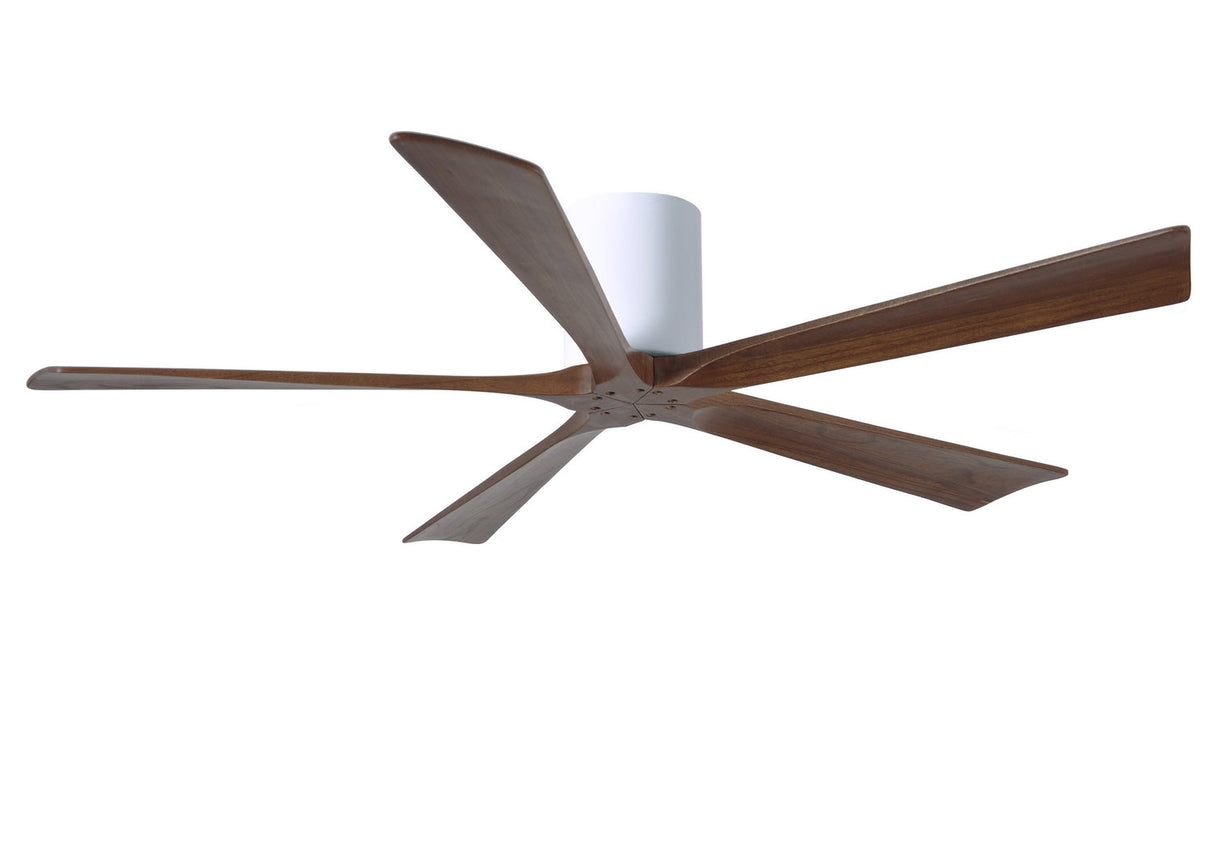 Matthews Fan IR5H-WH-WA-60 Irene-5H five-blade flush mount paddle fan in Gloss White finish with 60” solid walnut tone blades. 