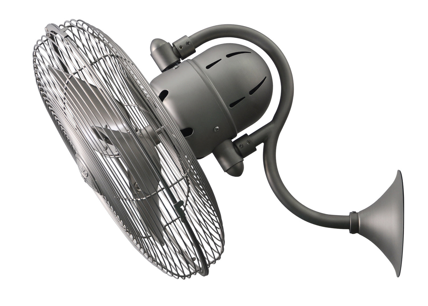 Matthews Fan LL-BN Laura 90° oscillating 3-speed wall fan in brushed nickel finish.