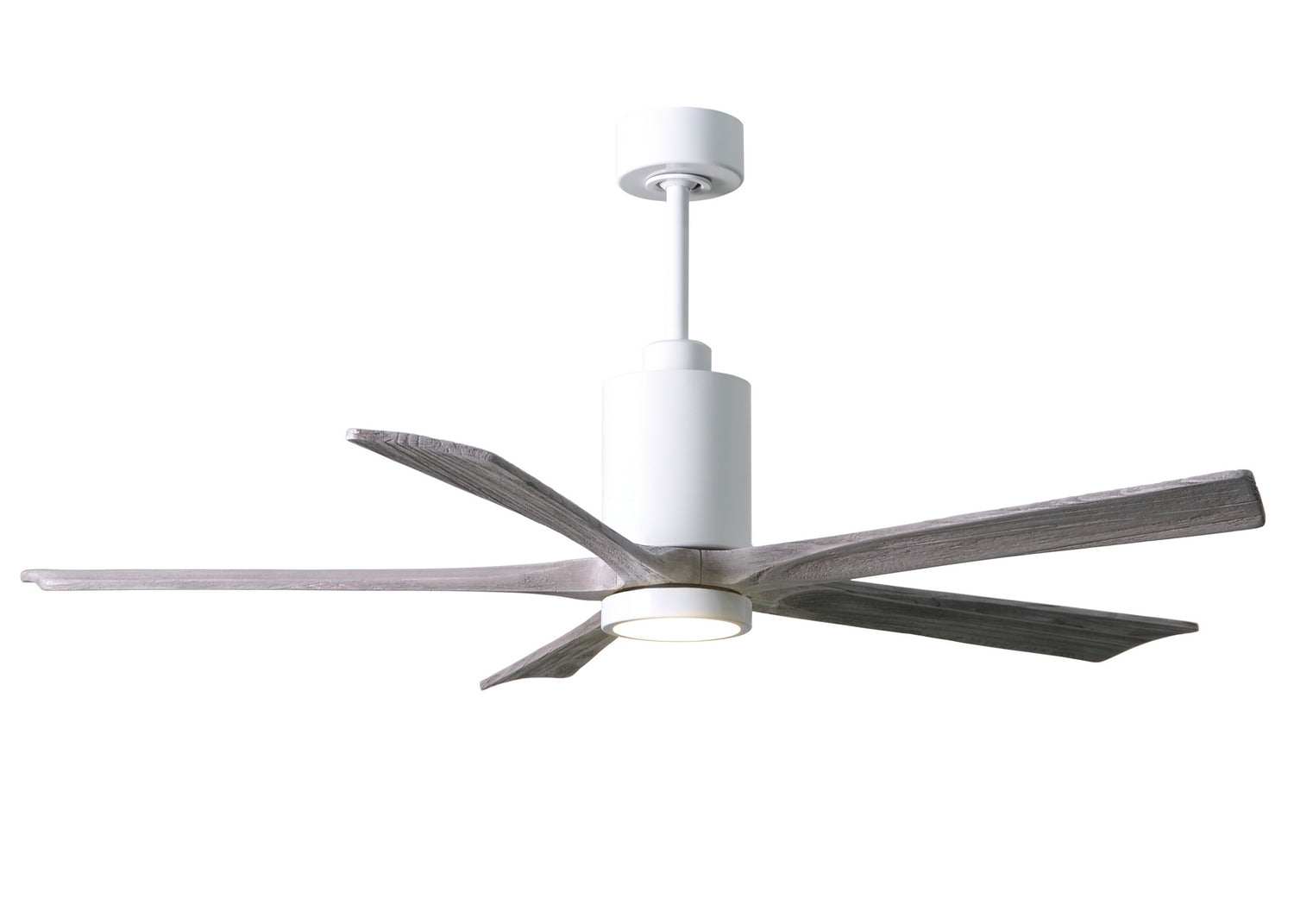 Matthews Fan PA5-WH-BW-60 Patricia-5 five-blade ceiling fan in Gloss White finish with 60” solid barn wood tone blades and dimmable LED light kit