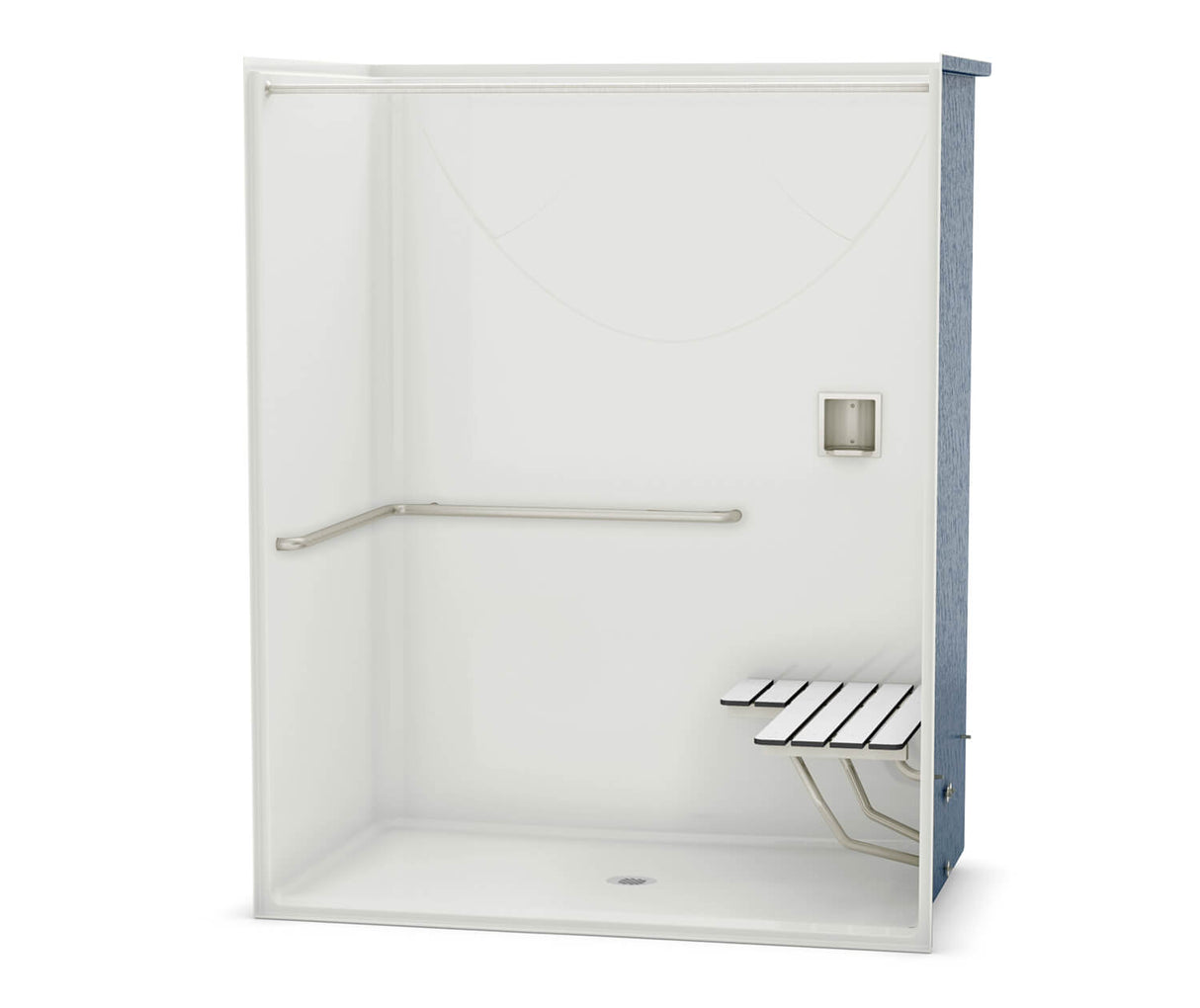 MAAX 106080-000-002-115 OPS-6036-RS - ADA Grab Bar and Seat AcrylX Alcove Center Drain One-Piece Shower in White
