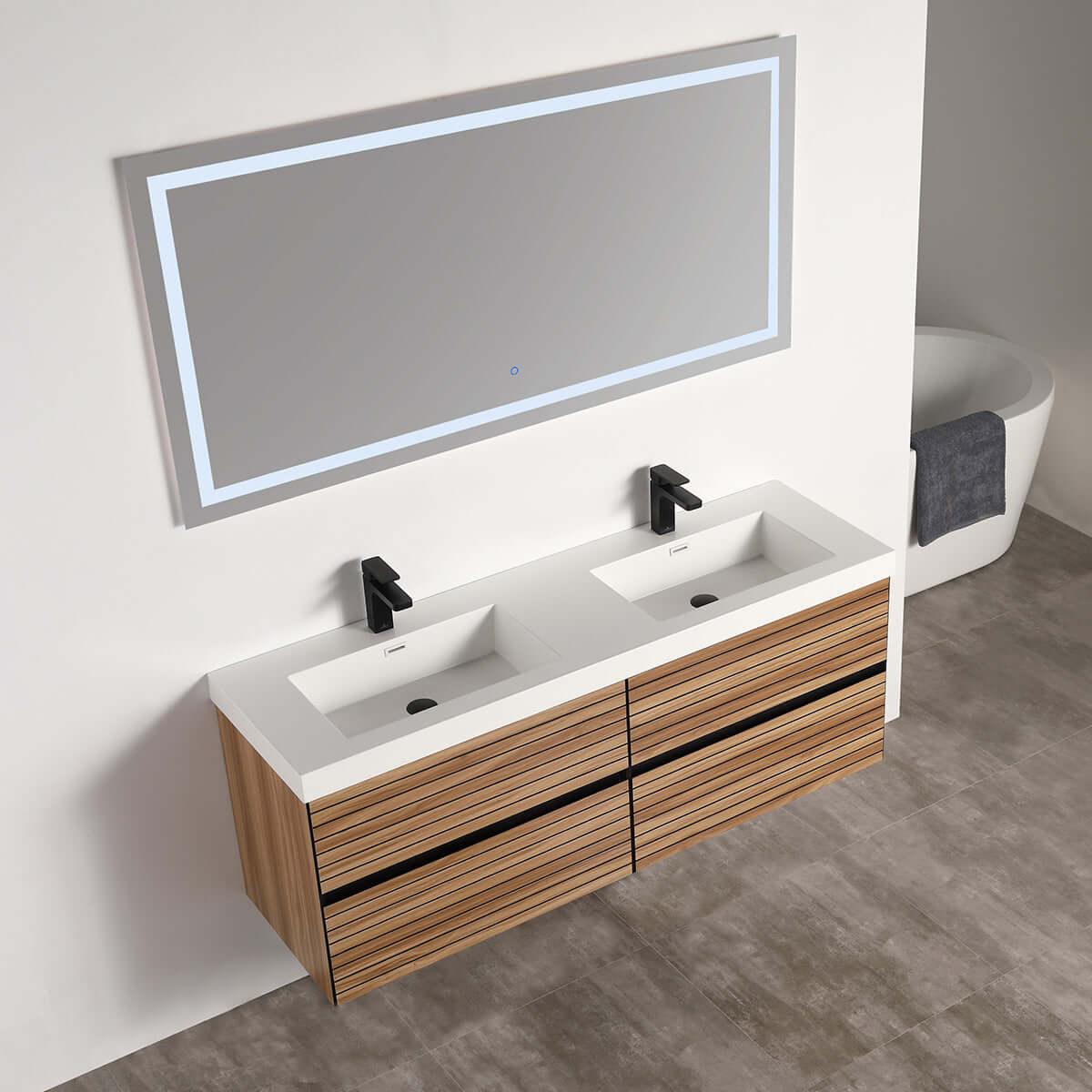 Blossom Annecy 48" Double Sink Wall-Hung Vanity - Modern Minimalist Design with Soft-Closing Drawers in Dark Walnut and Maple