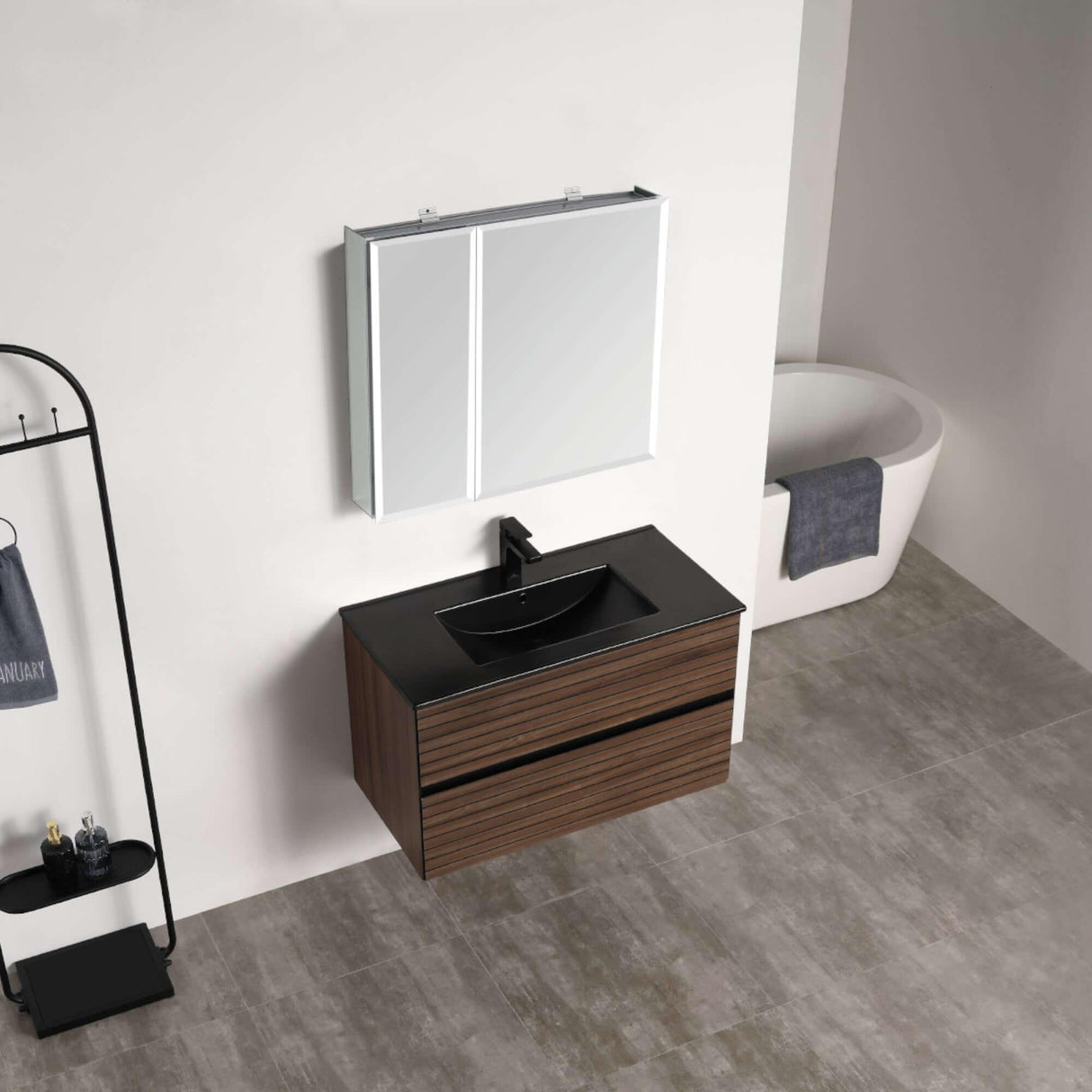 Blossom Annecy 36″ Wall-Hung Vanity - Modern Minimalist Design with Soft-Closing Drawers in Dark Walnut and Maple