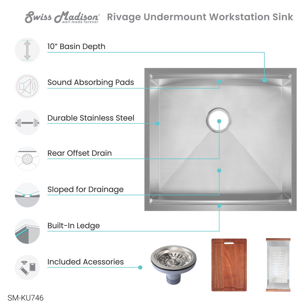 Rivage 22 x 19 Single Basin Undermount Kitchen Workstation Sink