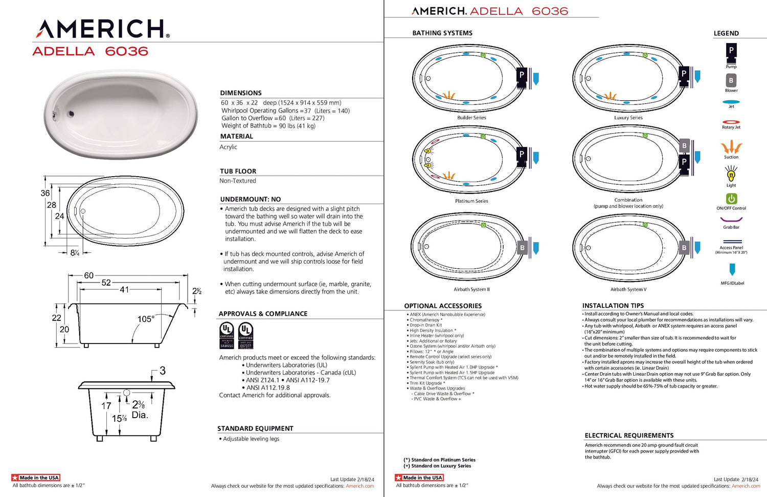 Americh AD6036TA2-BI Adella 6036 - Tub Only / Airbath 2 - Biscuit