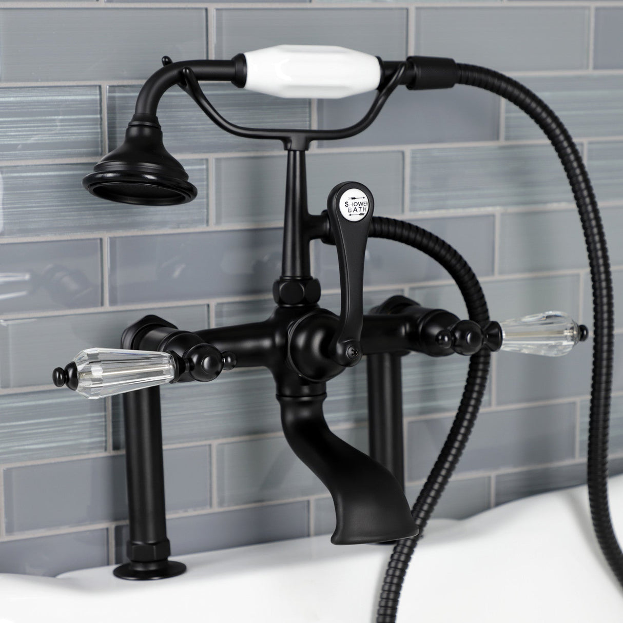 Wilshire AE103T0WLL Three-Handle 2-Hole Deck Mount Clawfoot Tub Faucet with Hand Shower, Matte Black