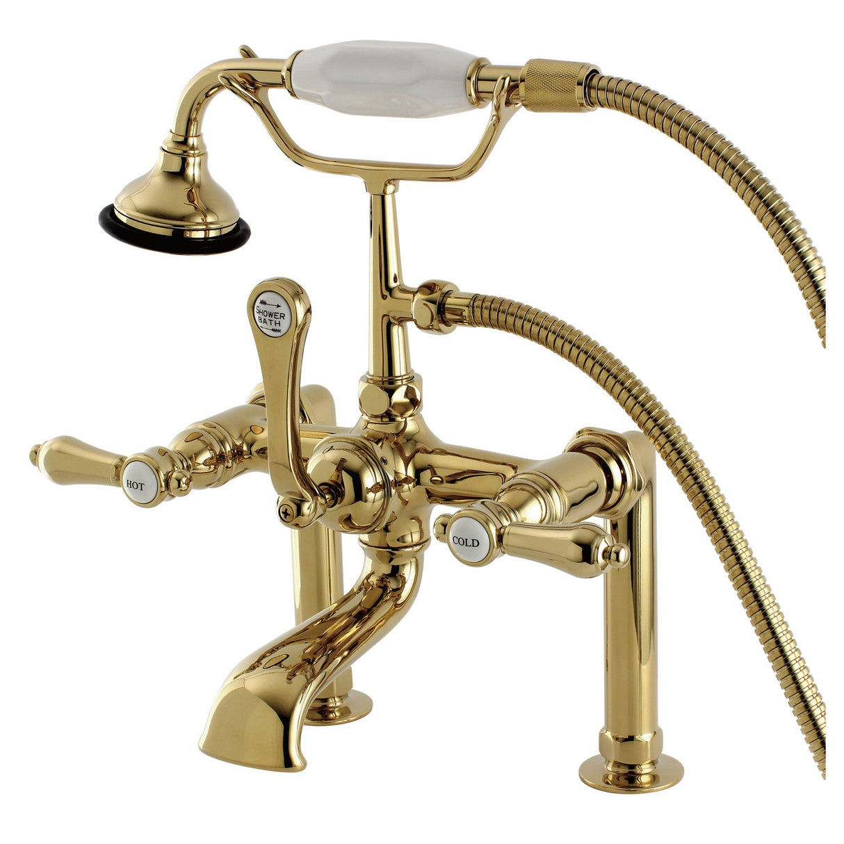 Heirloom AE103T2BAL Three-Handle 2-Hole Deck Mount Clawfoot Tub Faucet with Hand Shower, Polished Brass