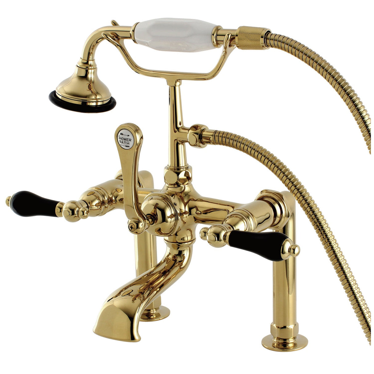 Duchess AE103T2PKL Three-Handle 2-Hole Deck Mount Clawfoot Tub Faucet with Hand Shower, Polished Brass
