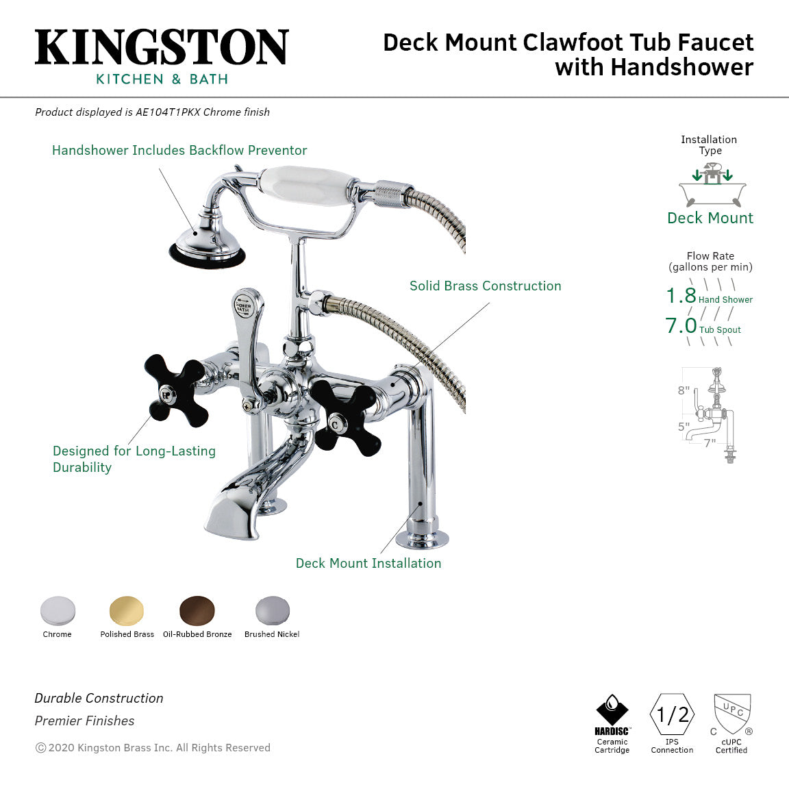 Duchess AE103T2PKX Three-Handle 2-Hole Deck Mount Clawfoot Tub Faucet with Hand Shower, Polished Brass