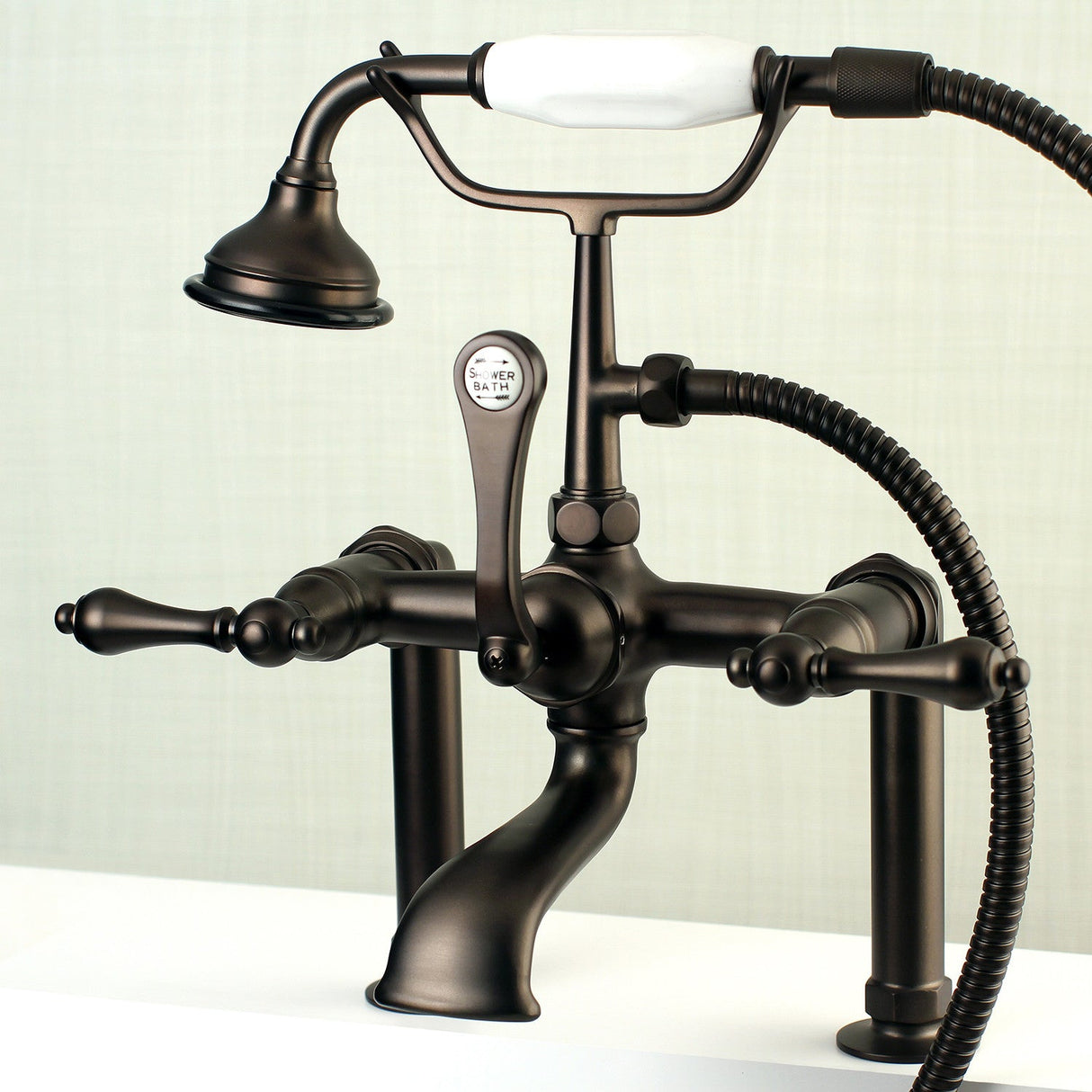 Aqua Vintage AE103T5 Three-Handle 2-Hole Deck Mount Clawfoot Tub Faucet with Hand Shower, Oil Rubbed Bronze