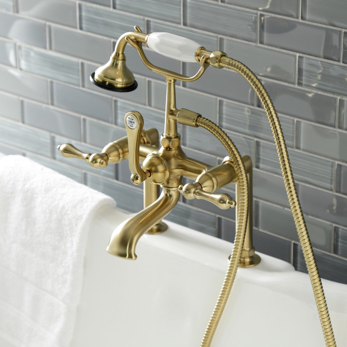 Aqua Vintage AE103T7 Three-Handle 2-Hole Deck Mount Clawfoot Tub Faucet with Hand Shower, Brushed Brass