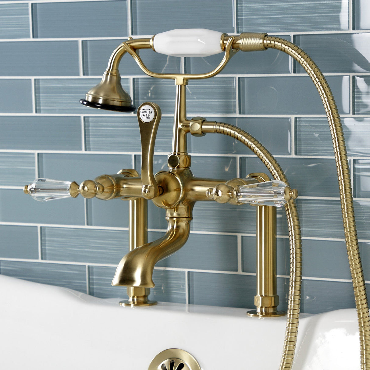 Wilshire AE103T7WLL Three-Handle 2-Hole Deck Mount Clawfoot Tub Faucet with Hand Shower, Brushed Brass
