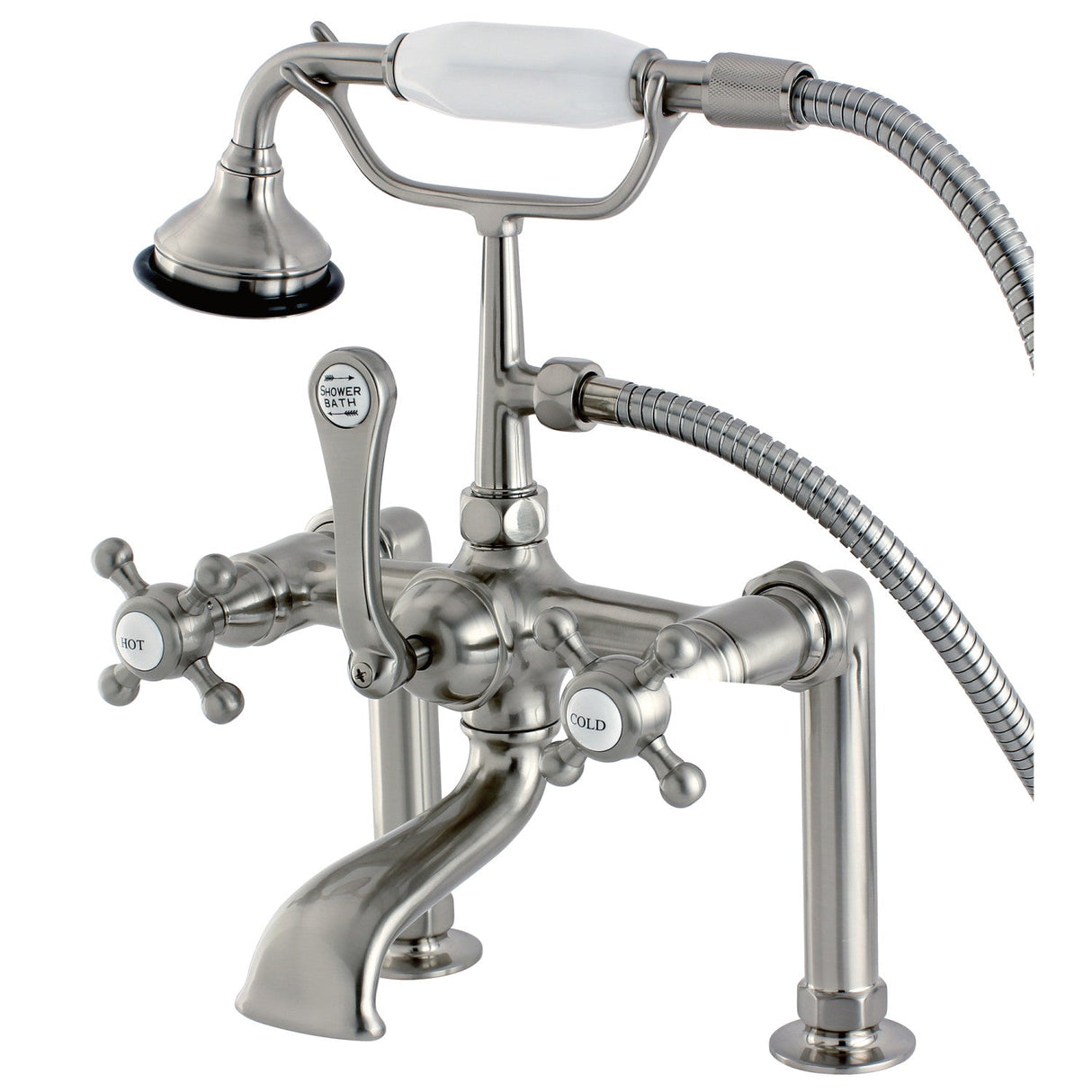 English Country AE103T8BX Three-Handle 2-Hole Deck Mount Clawfoot Tub Faucet with Hand Shower, Brushed Nickel