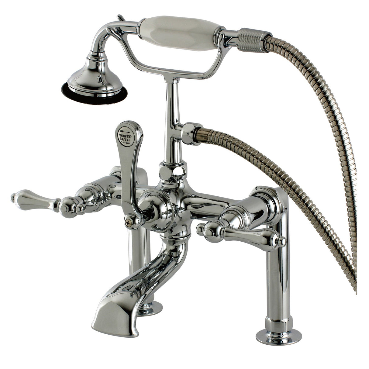 Aqua Vintage AE104T1 Three-Handle 2-Hole Deck Mount Clawfoot Tub Faucet with Hand Shower, Polished Chrome