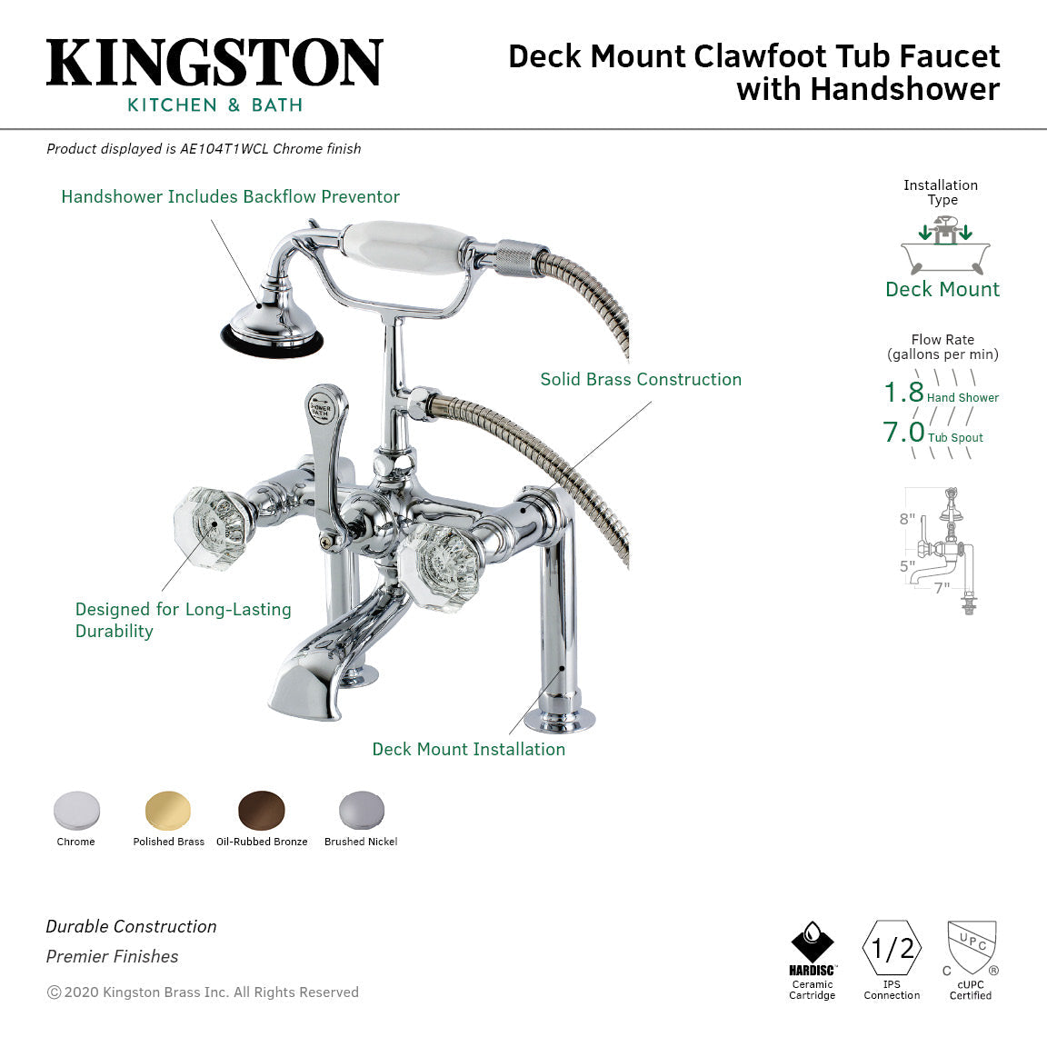 Celebrity AE104T1WCL Three-Handle 2-Hole Deck Mount Clawfoot Tub Faucet with Hand Shower, Polished Chrome