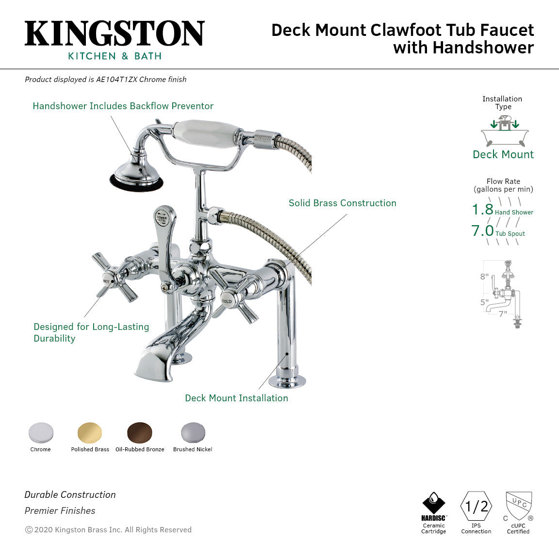 Millennium AE104T1ZX Three-Handle 2-Hole Deck Mount Clawfoot Tub Faucet with Hand Shower, Polished Chrome