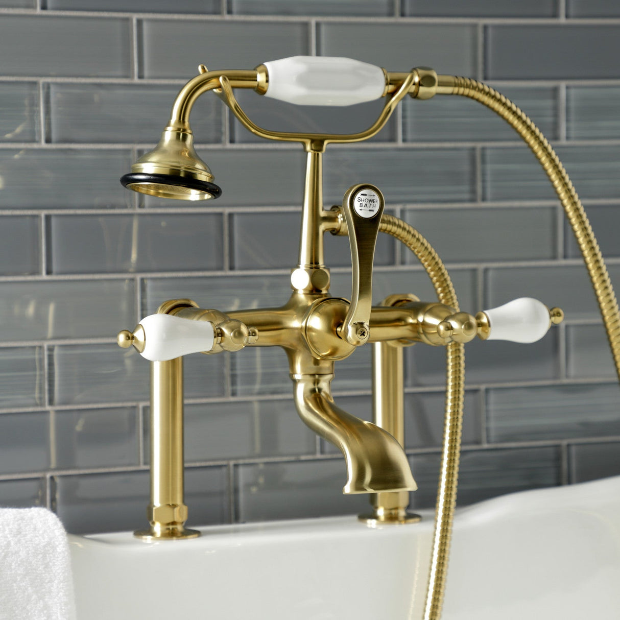 Aqua Vintage AE105T7 Three-Handle 2-Hole Deck Mount Clawfoot Tub Faucet with Hand Shower, Brushed Brass