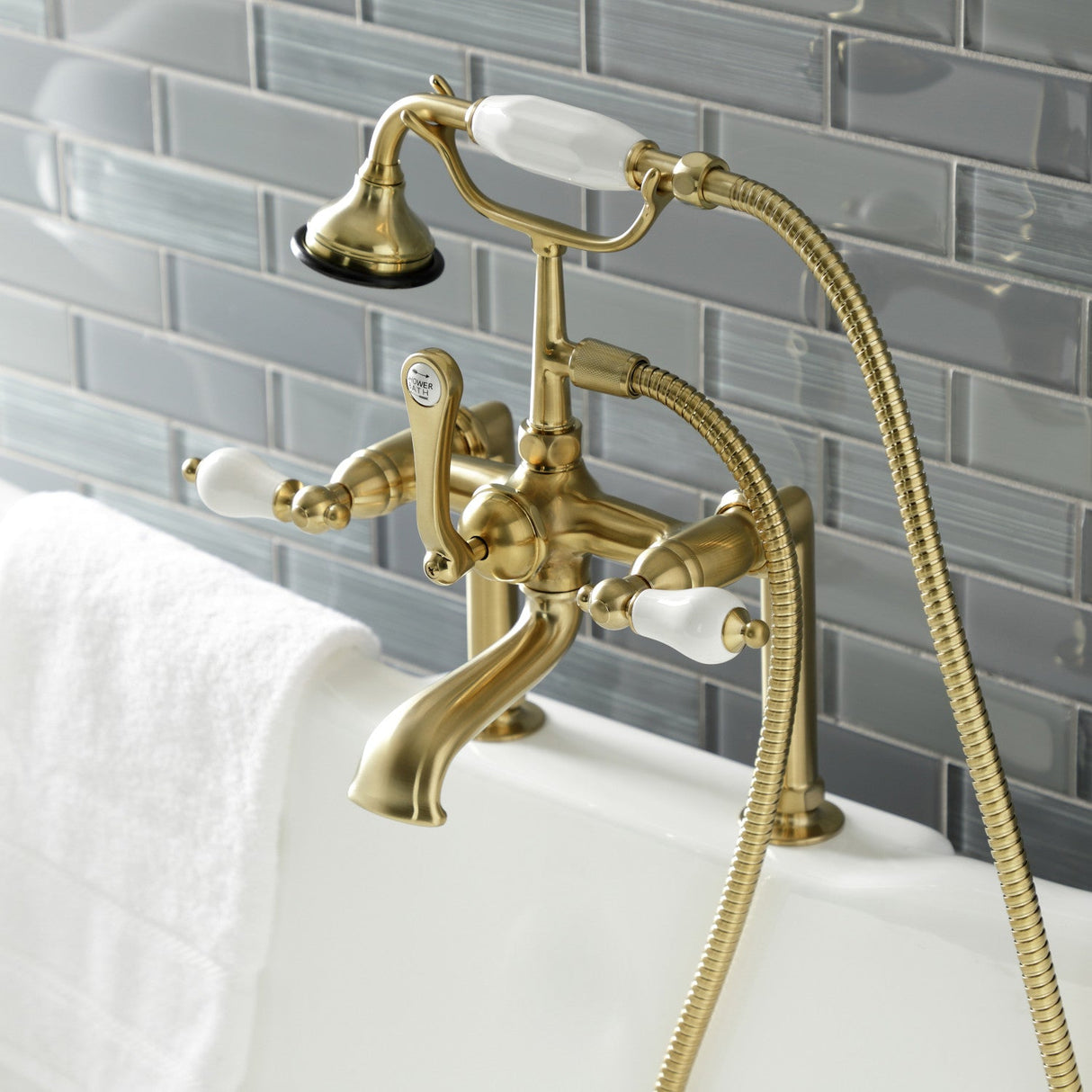 Aqua Vintage AE105T7 Three-Handle 2-Hole Deck Mount Clawfoot Tub Faucet with Hand Shower, Brushed Brass