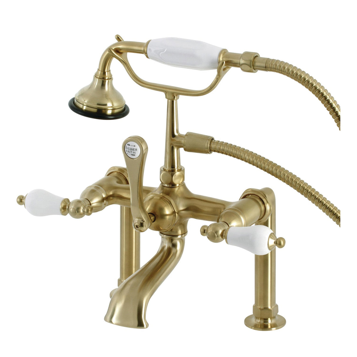 Aqua Vintage AE105T7 Three-Handle 2-Hole Deck Mount Clawfoot Tub Faucet with Hand Shower, Brushed Brass
