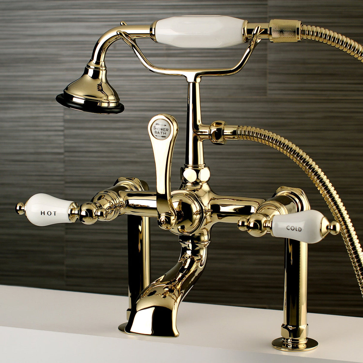 Aqua Vintage AE107T2 Three-Handle 2-Hole Deck Mount Clawfoot Tub Faucet with Hand Shower, Polished Brass