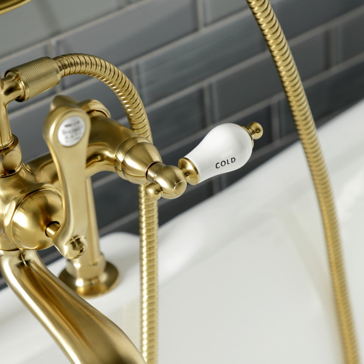 Aqua Vintage AE107T7 Three-Handle 2-Hole Deck Mount Clawfoot Tub Faucet with Hand Shower, Brushed Brass