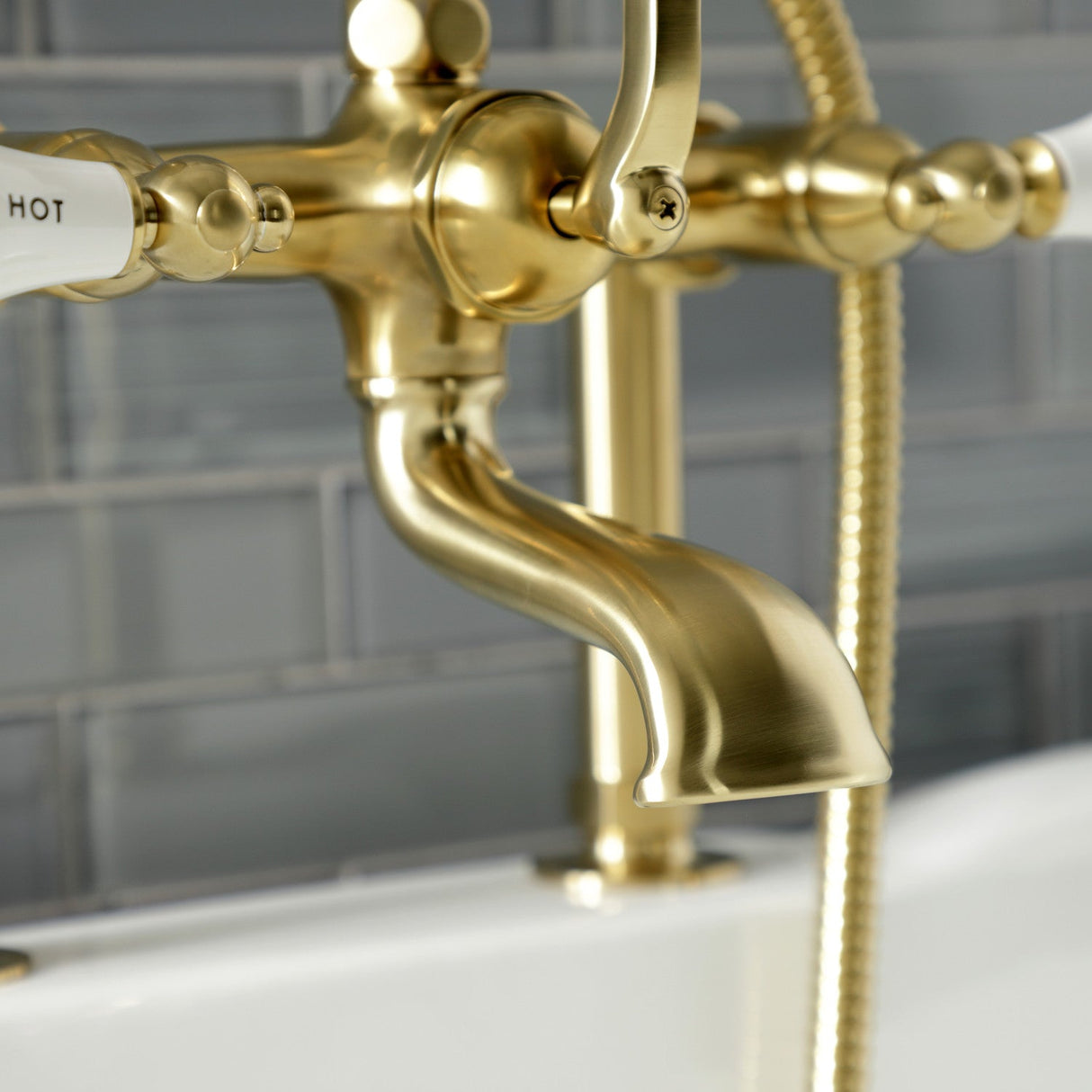 Aqua Vintage AE107T7 Three-Handle 2-Hole Deck Mount Clawfoot Tub Faucet with Hand Shower, Brushed Brass