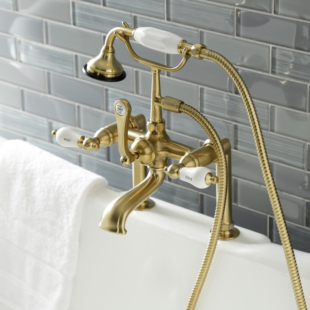 Aqua Vintage AE107T7 Three-Handle 2-Hole Deck Mount Clawfoot Tub Faucet with Hand Shower, Brushed Brass