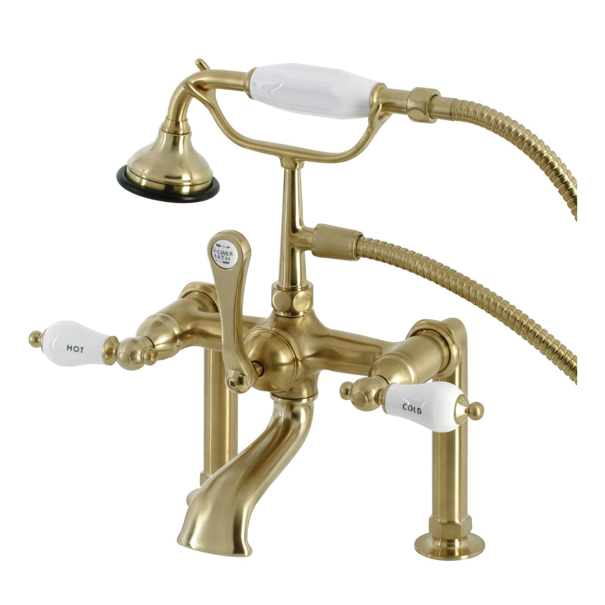 Aqua Vintage AE107T7 Three-Handle 2-Hole Deck Mount Clawfoot Tub Faucet with Hand Shower, Brushed Brass