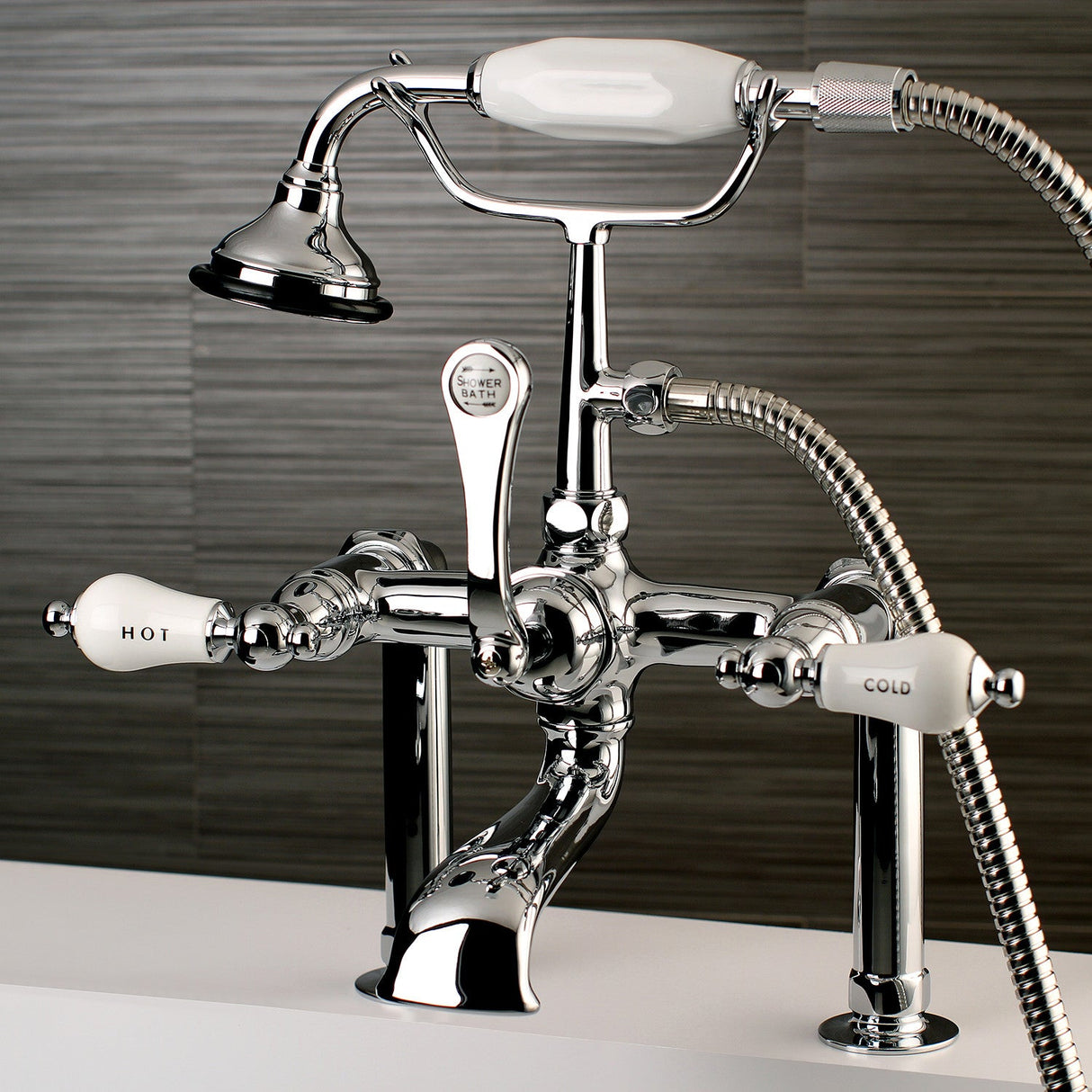 Aqua Vintage AE108T1 Three-Handle 2-Hole Deck Mount Clawfoot Tub Faucet with Hand Shower, Polished Chrome