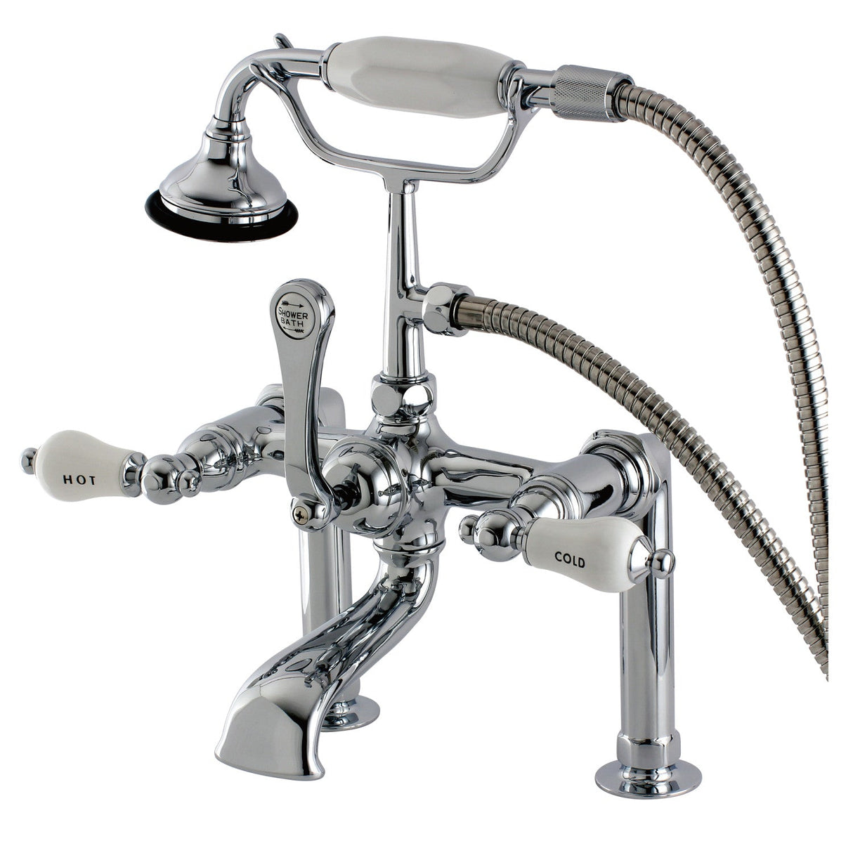 Aqua Vintage AE108T1 Three-Handle 2-Hole Deck Mount Clawfoot Tub Faucet with Hand Shower, Polished Chrome