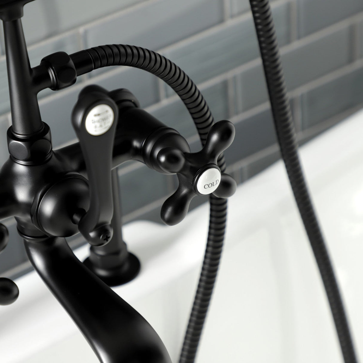 Aqua Vintage AE109T0 Three-Handle 2-Hole Deck Mount Clawfoot Tub Faucet with Hand Shower, Matte Black