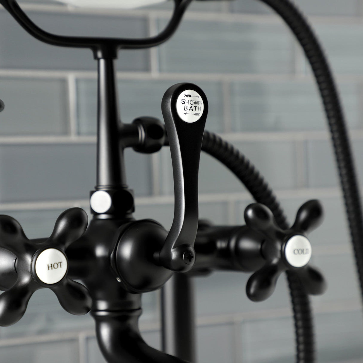 Aqua Vintage AE109T0 Three-Handle 2-Hole Deck Mount Clawfoot Tub Faucet with Hand Shower, Matte Black