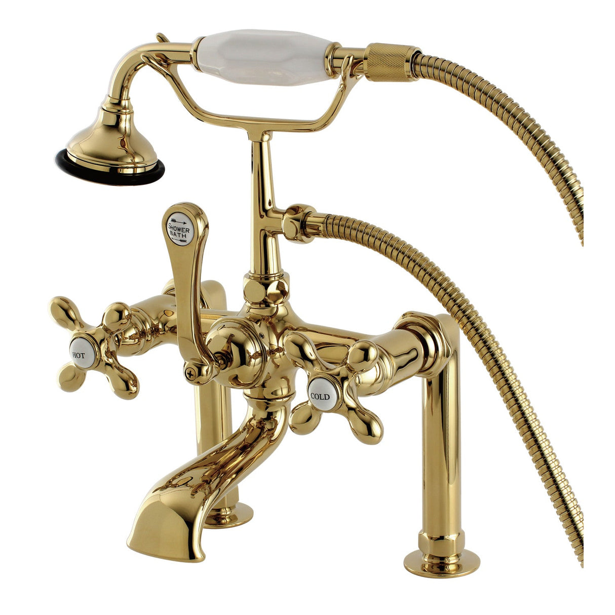 Aqua Vintage AE109T2 Three-Handle 2-Hole Deck Mount Clawfoot Tub Faucet with Hand Shower, Polished Brass