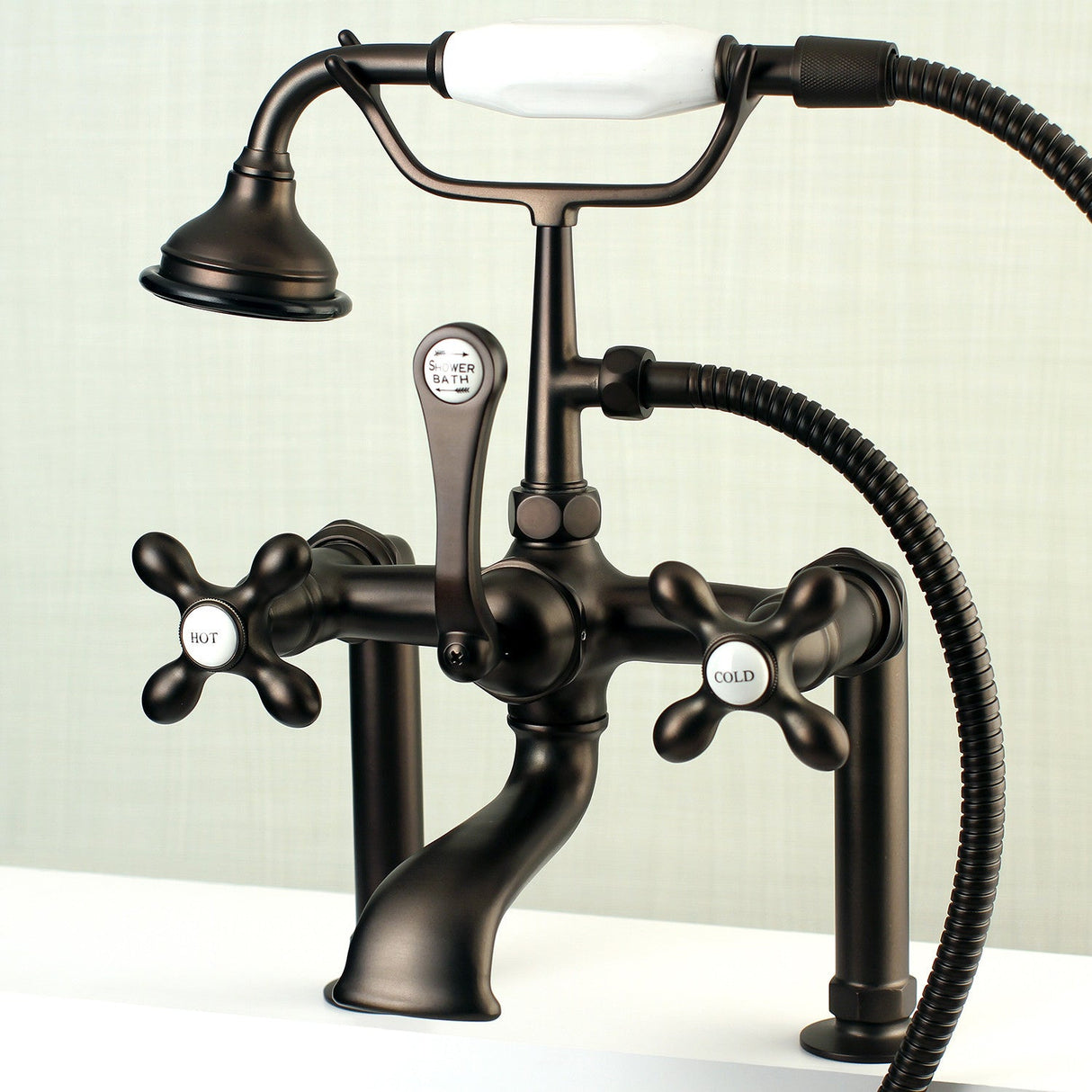 Aqua Vintage AE109T5 Three-Handle 2-Hole Deck Mount Clawfoot Tub Faucet with Hand Shower, Oil Rubbed Bronze