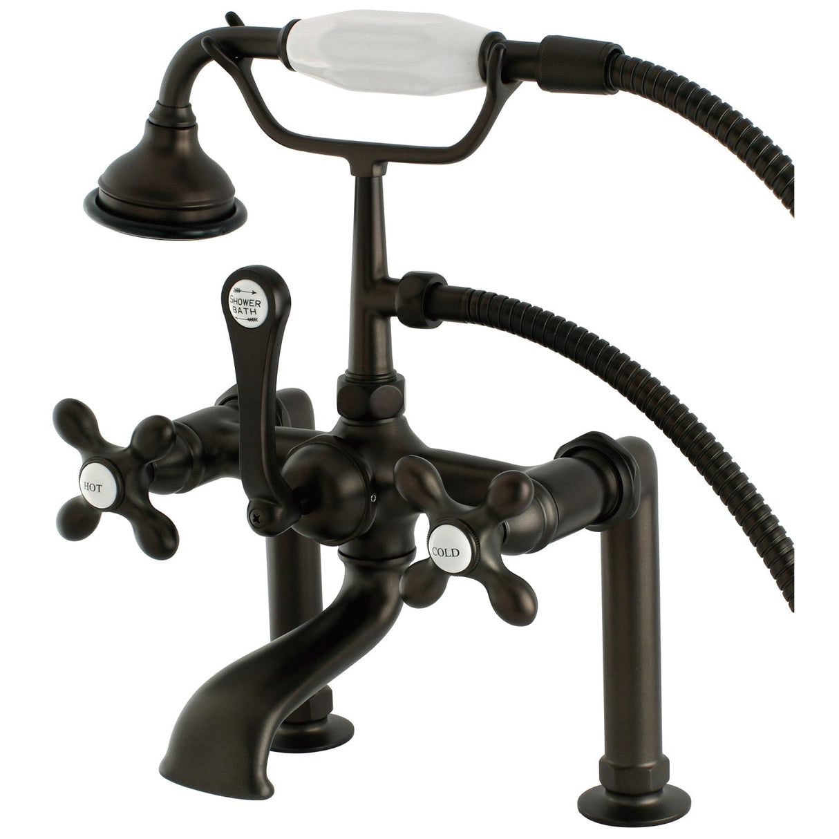 Aqua Vintage AE109T5 Three-Handle 2-Hole Deck Mount Clawfoot Tub Faucet with Hand Shower, Oil Rubbed Bronze