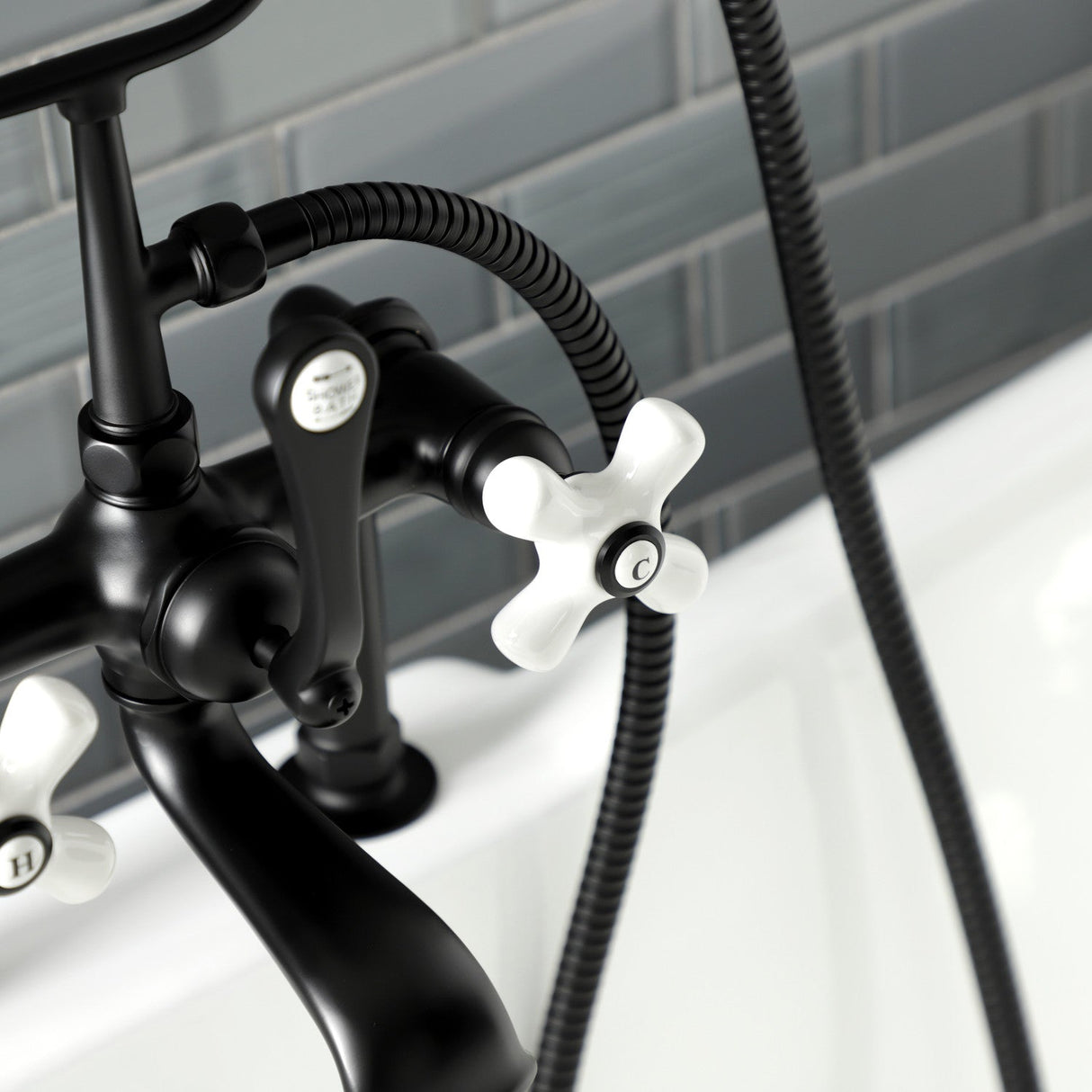 Aqua Vintage AE111T0 Three-Handle 2-Hole Deck Mount Clawfoot Tub Faucet with Hand Shower, Matte Black