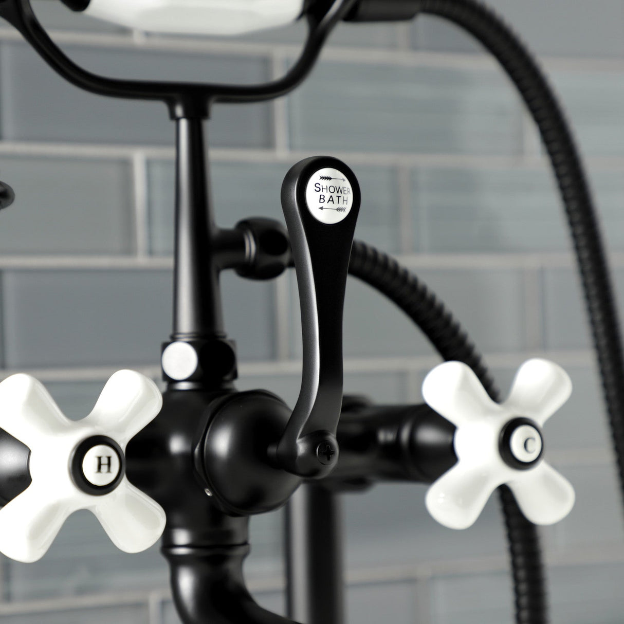 Aqua Vintage AE111T0 Three-Handle 2-Hole Deck Mount Clawfoot Tub Faucet with Hand Shower, Matte Black