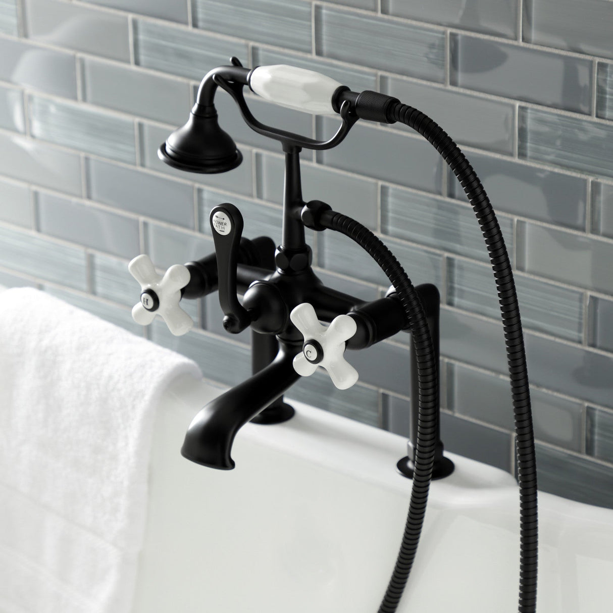 Aqua Vintage AE111T0 Three-Handle 2-Hole Deck Mount Clawfoot Tub Faucet with Hand Shower, Matte Black