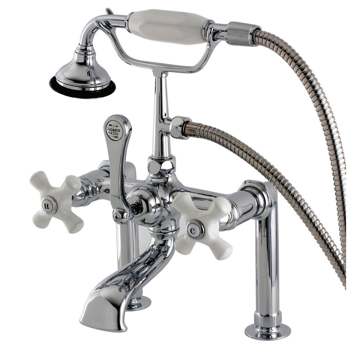 Aqua Vintage AE112T1 Three-Handle 2-Hole Deck Mount Clawfoot Tub Faucet with Hand Shower, Polished Chrome