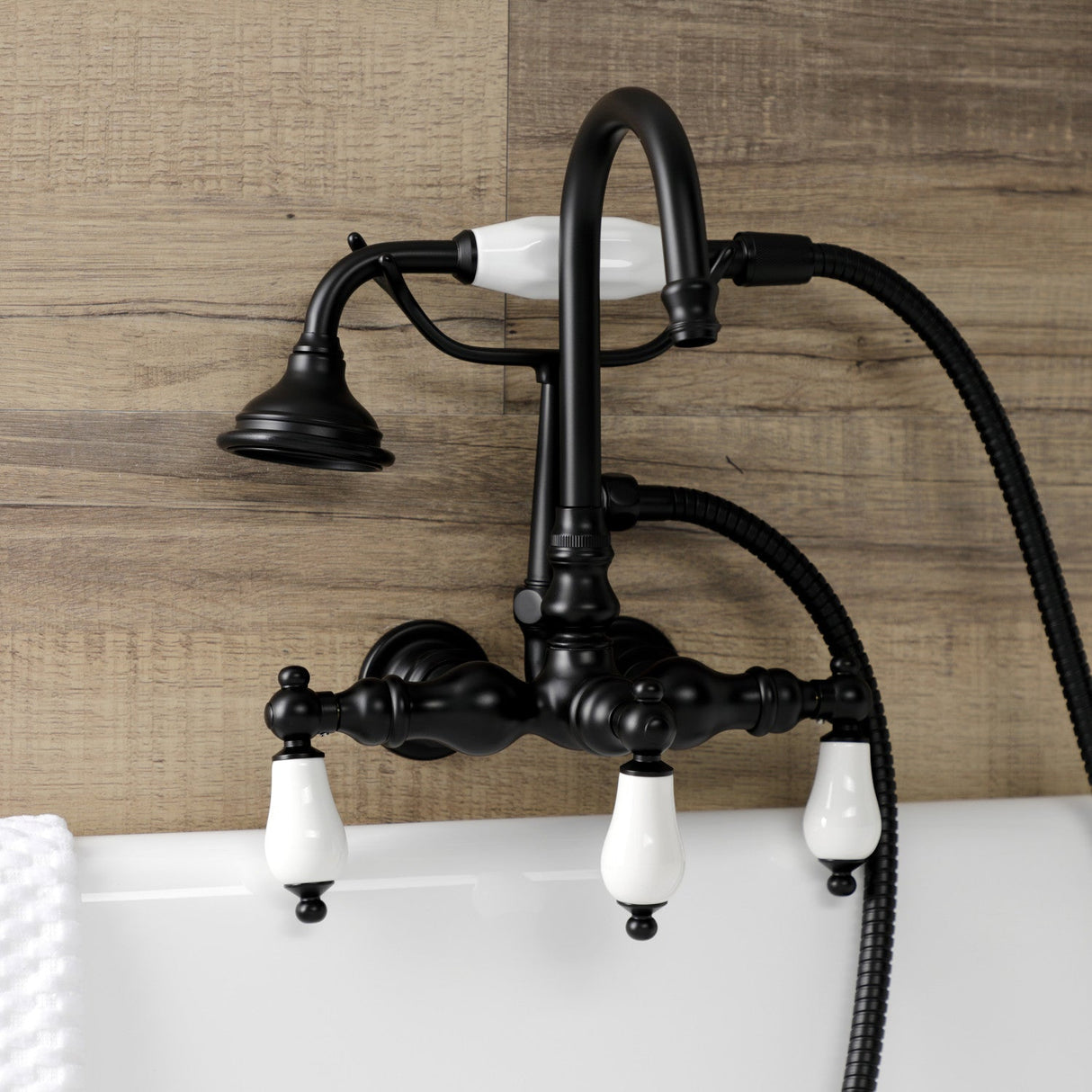 Aqua Vintage AE11T0 Three-Handle 2-Hole Tub Wall Mount Clawfoot Tub Faucet with Hand Shower, Matte Black