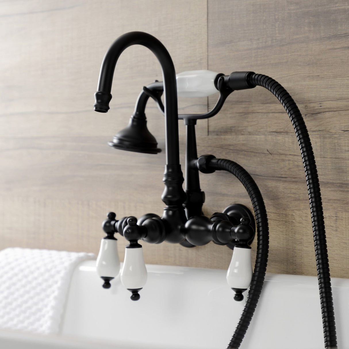 Aqua Vintage AE11T0 Three-Handle 2-Hole Tub Wall Mount Clawfoot Tub Faucet with Hand Shower, Matte Black