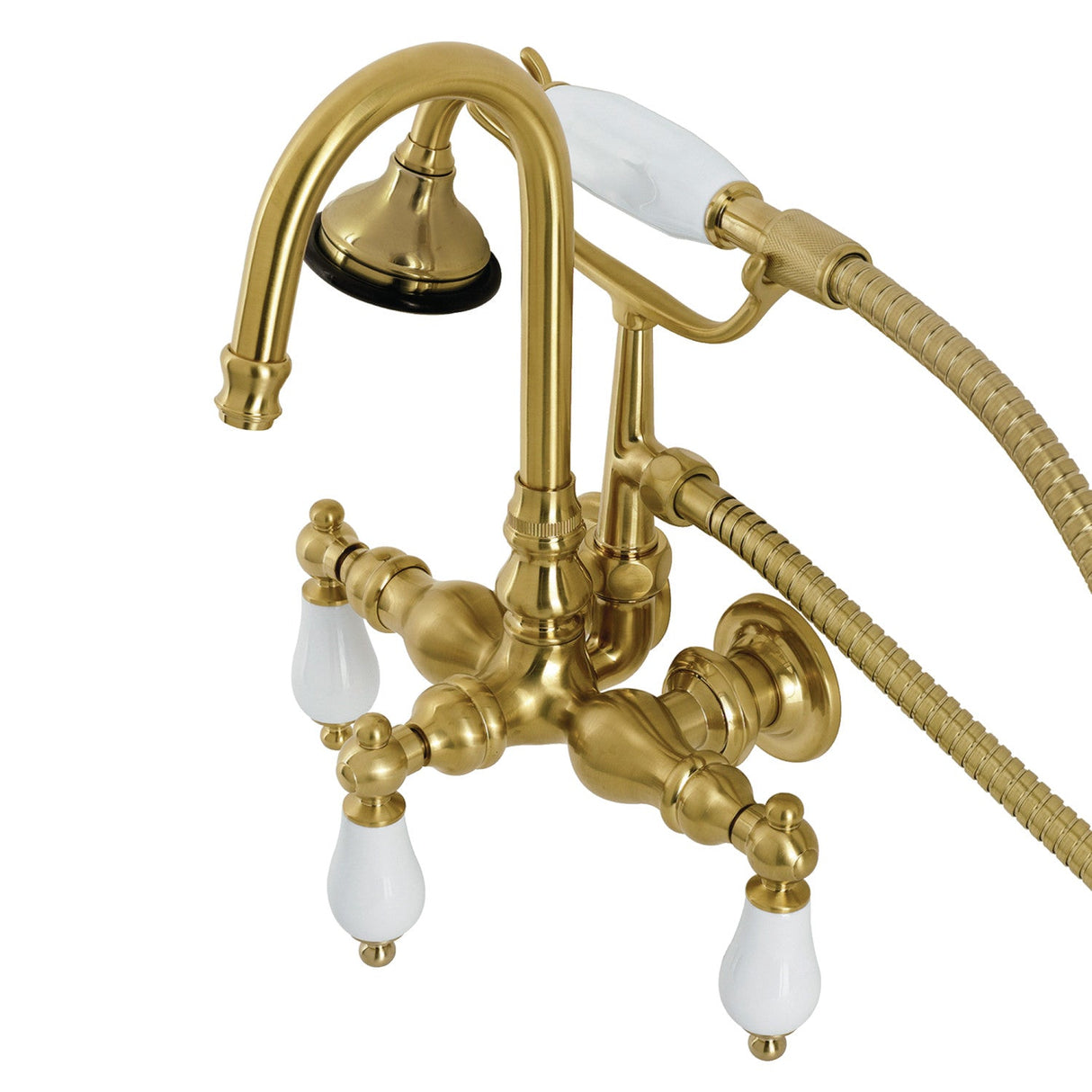 Aqua Vintage AE11T7 Three-Handle 2-Hole Tub Wall Mount Clawfoot Tub Faucet with Hand Shower, Brushed Brass
