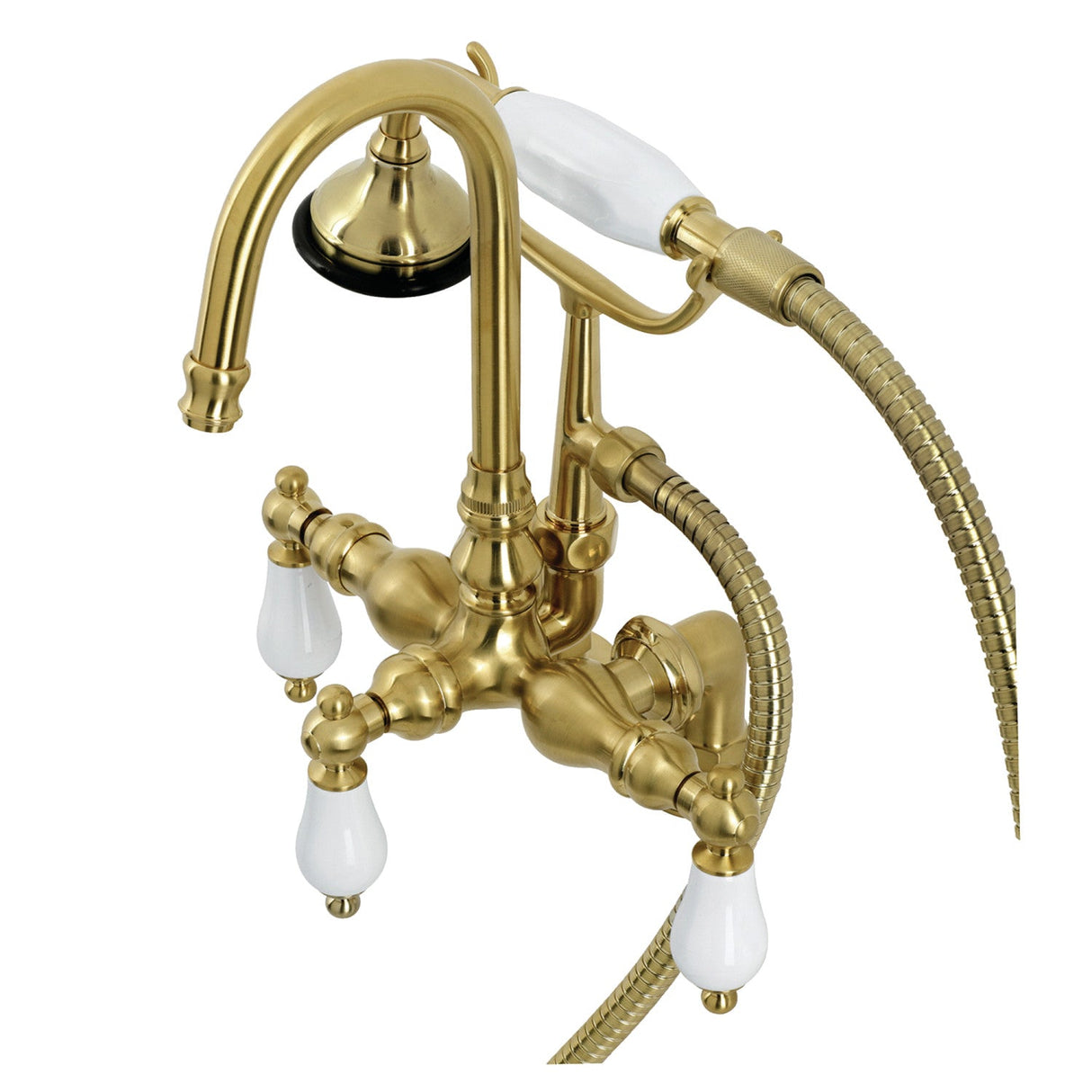 Aqua Vintage AE15T7 Three-Handle 2-Hole Deck Mount Clawfoot Tub Faucet with Hand Shower, Brushed Brass