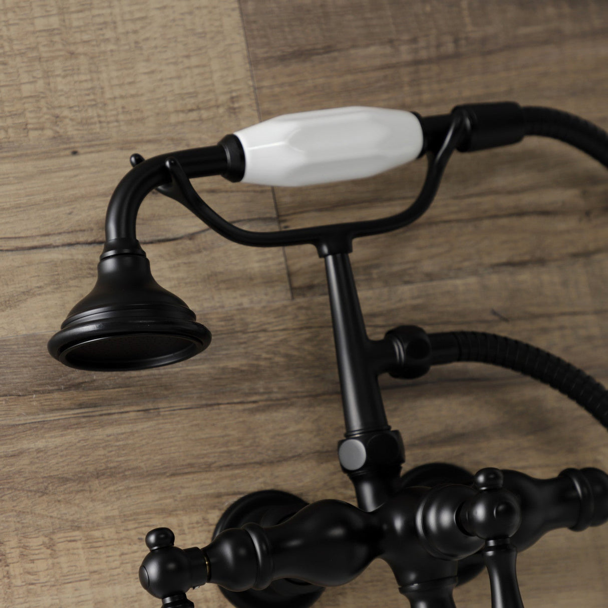 Aqua Vintage AE19T0 Three-Handle 2-Hole Tub Wall Mount Clawfoot Tub Faucet with Hand Shower, Matte Black